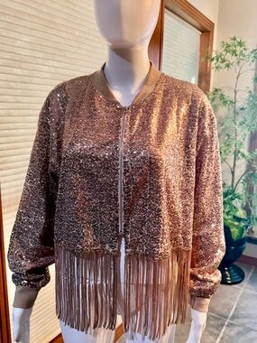 NWT Grace & Emma Women's Gold Sequin Fringe  Bomber Jacket size small